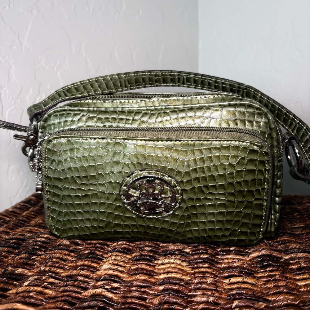 Vintage Kathy Van Zeeland Olive Green Croc Crossbody Organizer Bag Y2K Metallic